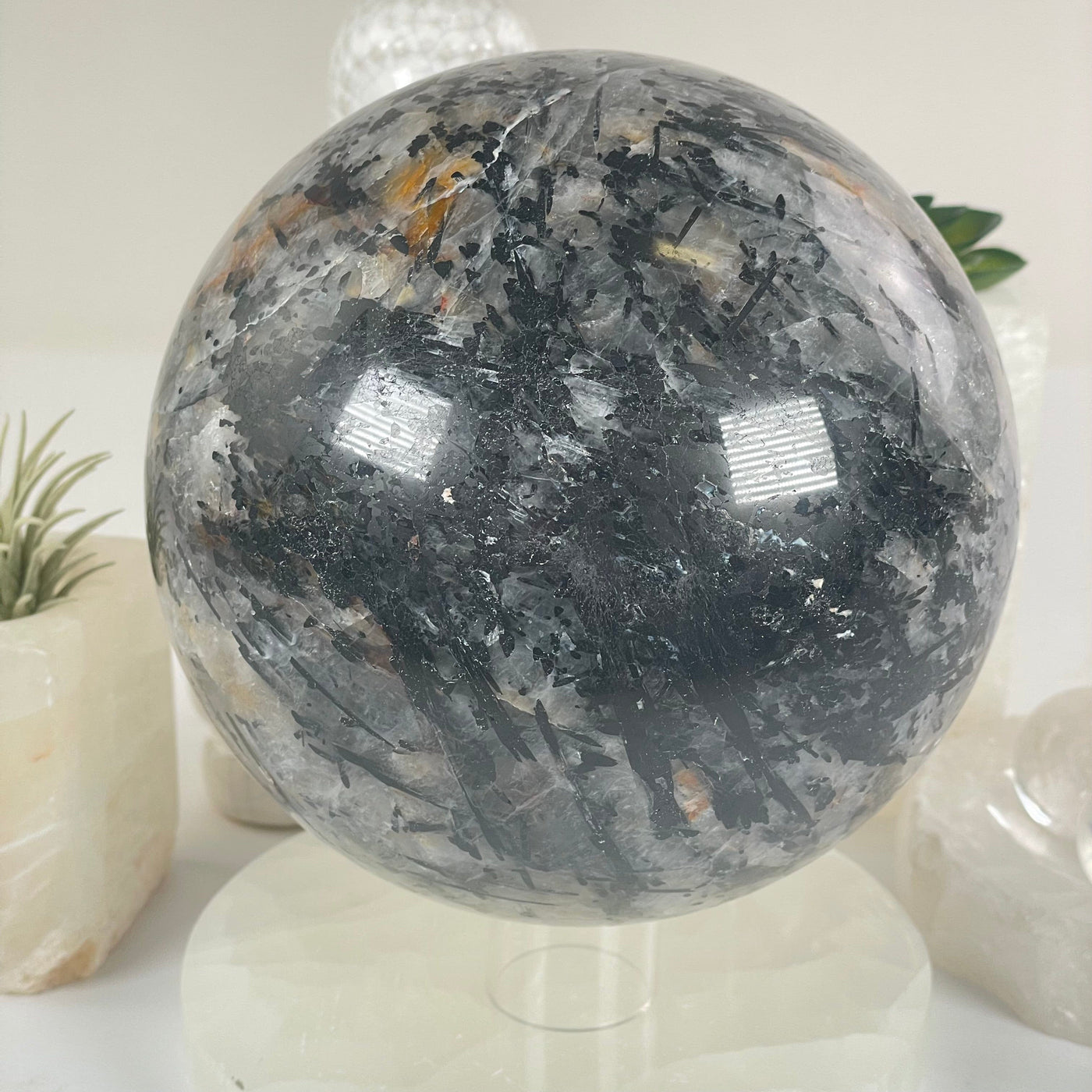 Black Tourmalinated Quartz Crystal Sphere - One-of-a-Kind bottom view