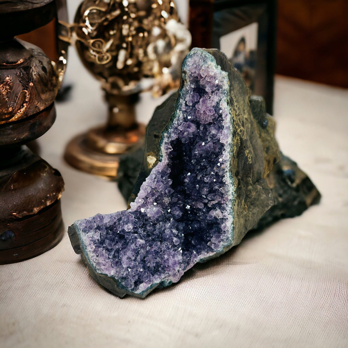  Amethyst Crystal on Matrix - You Choose - Variant B pictured on table next to home decorations