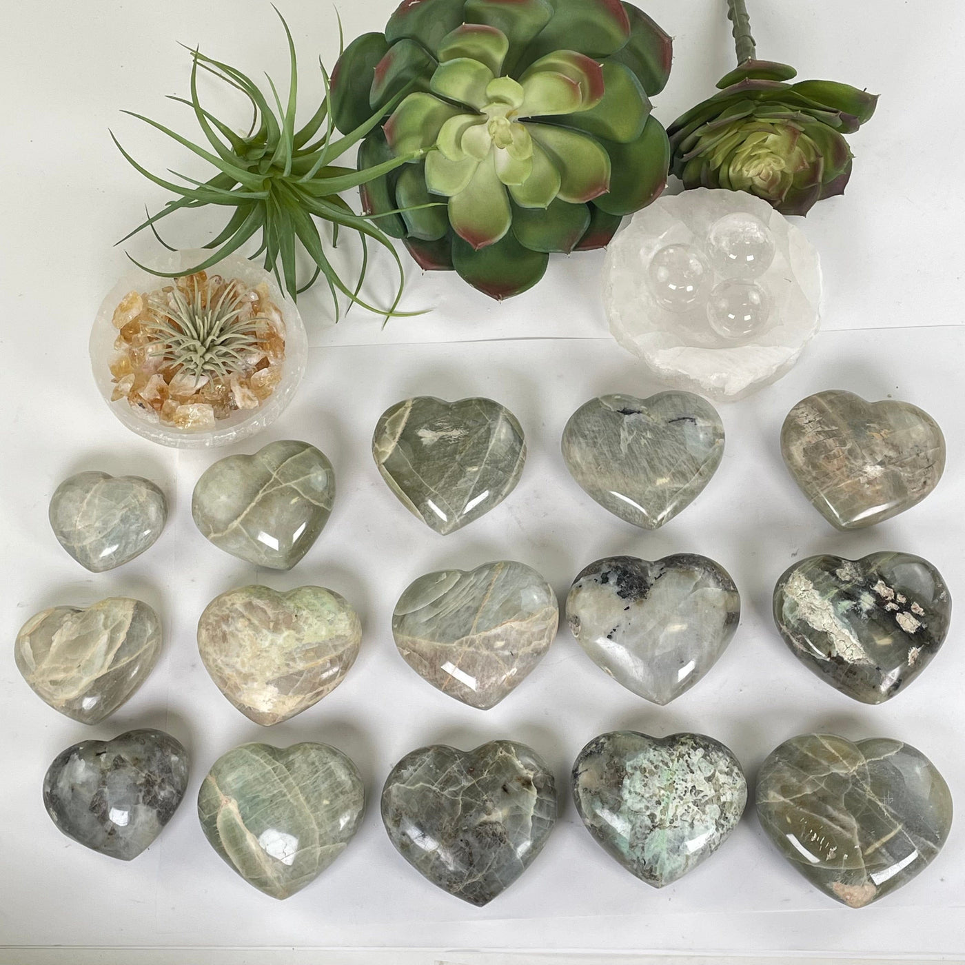 Garnierite Green Moonstone Crystal Heart - You Choose all variants with props and plants in the background