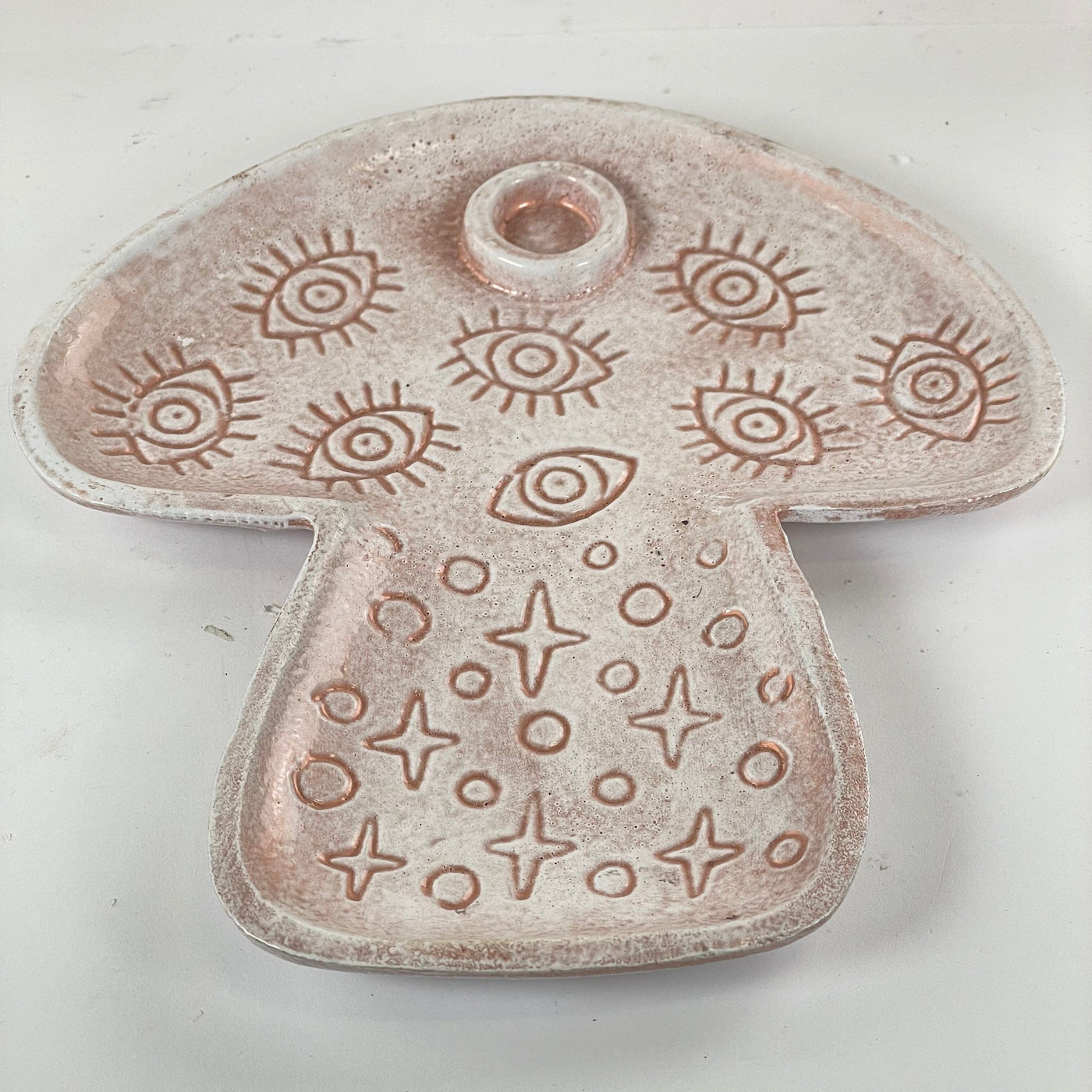 Evil Eye Protection Mushroom Tray with Cone Incense Holder - One-of-a-Kind at an angle