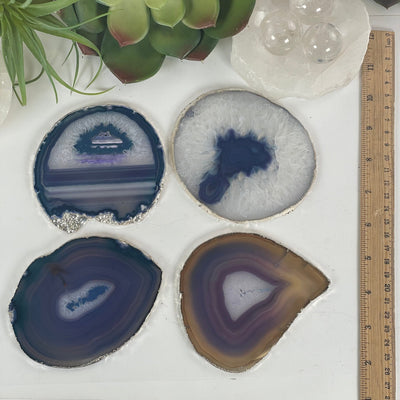 Teal and Purple Agate Slice Coasters Set with Silver Electroplated Edges - Set of 4 Coasters top view with ruler for size reference