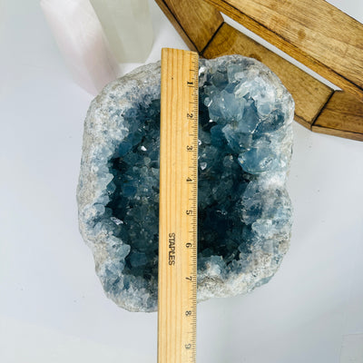 Celestite next to a ruler for size reference