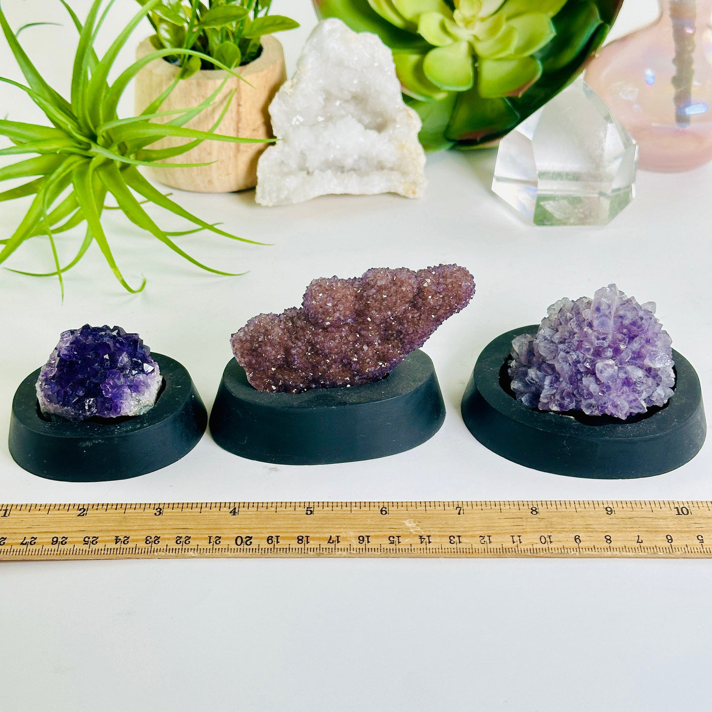 Amethyst Pine Crystal Cluster on Wooden Base from Uruguay - You Choose #3 all variants with ruler for size reference