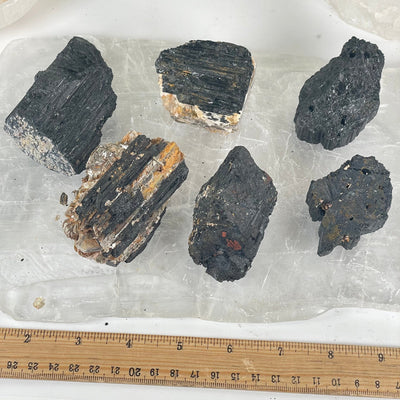 Black Tourmaline Crystal Chunks - You Get All #2 all with ruler for size reference