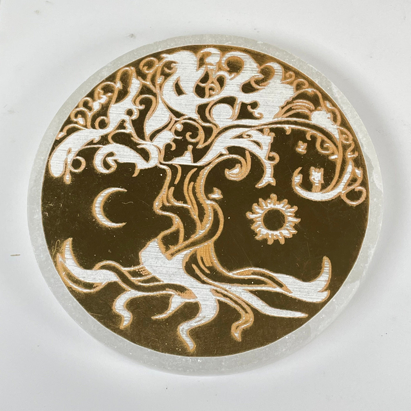 Selenite Crystal Coasters with Gold Foil Tree of Life Decal - You Get All one top view