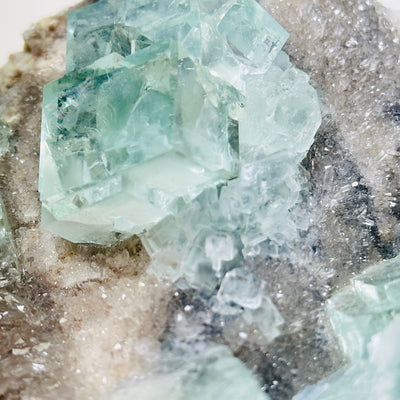 Water-Clear Green Cubic Fluorite on Crystal Quartz Druzy from China - Rare Find - You Choose variant 2 closeup for detail