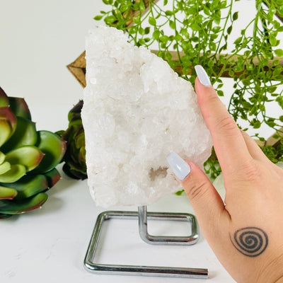 Crystal Quartz Cluster on Stand - One-of-a-Kind #1 with hand for size reference