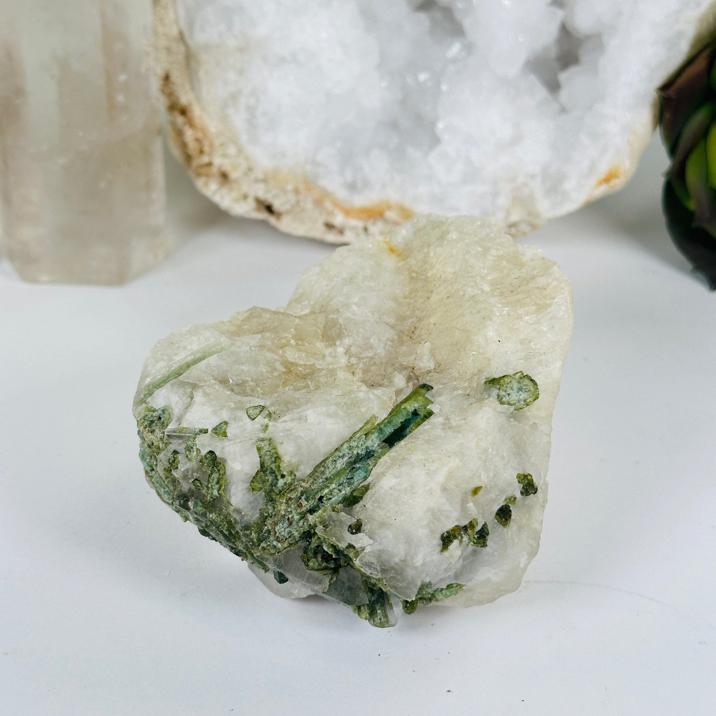 Green Tourmaline Rough Crystal on Quartz Matrix - One-of-a-Kind front view