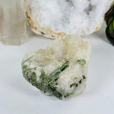Green Tourmaline Rough Crystal on Quartz Matrix - One-of-a-Kind front view
