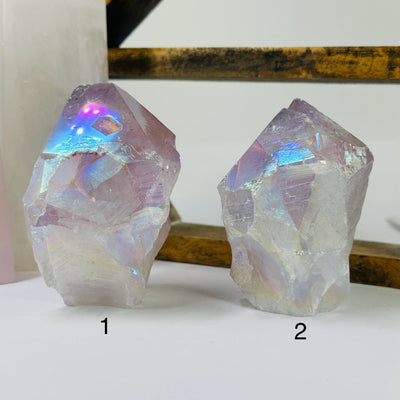 amethyst points with decorations in the background