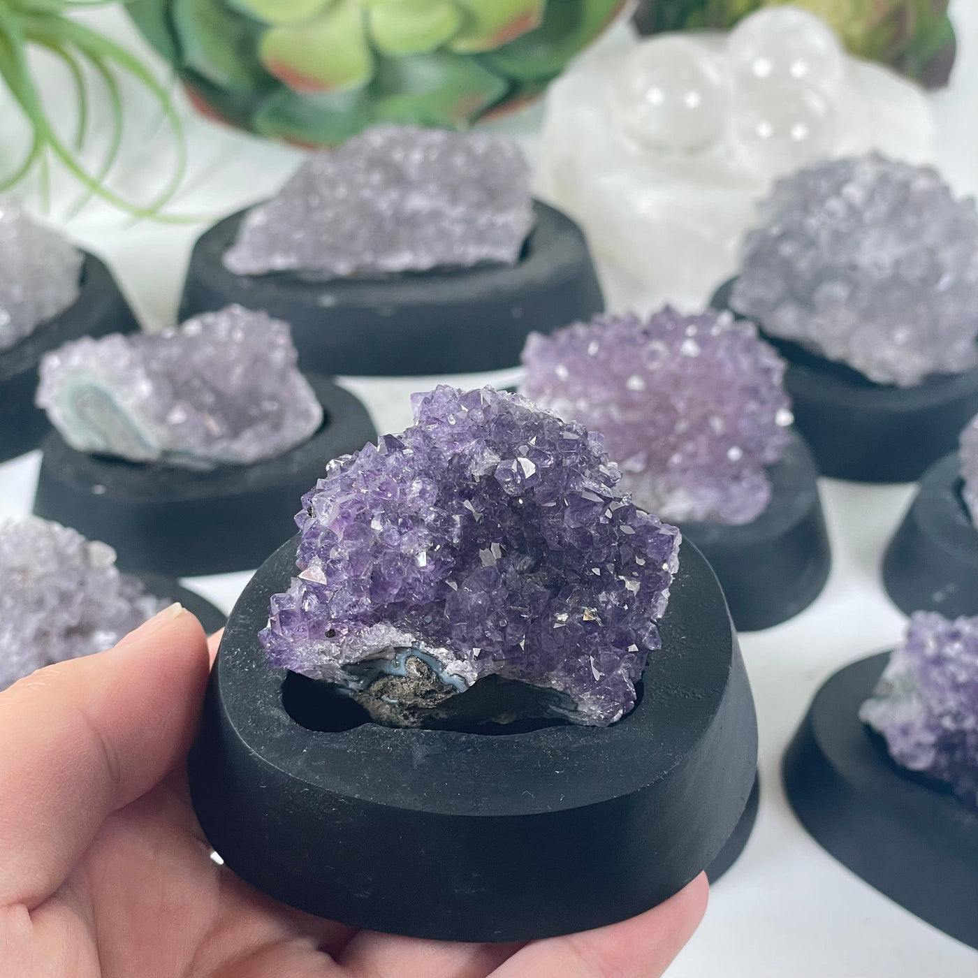 Amethyst Pine Crystal Cluster on Wooden Base from Uruguay - You Choose #4 one in hand for size reference with others in the background