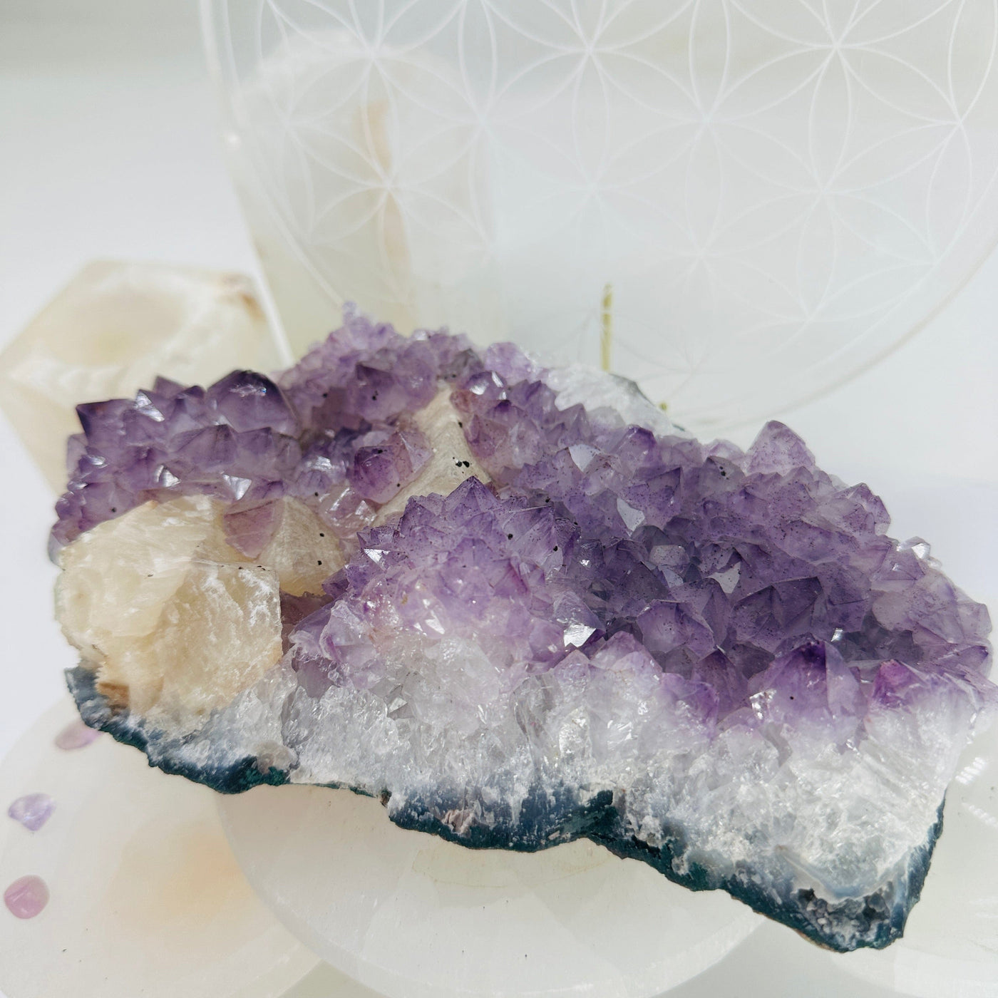 Raw Amethyst Cluster with Calcite - natural amethyst close up for detail
