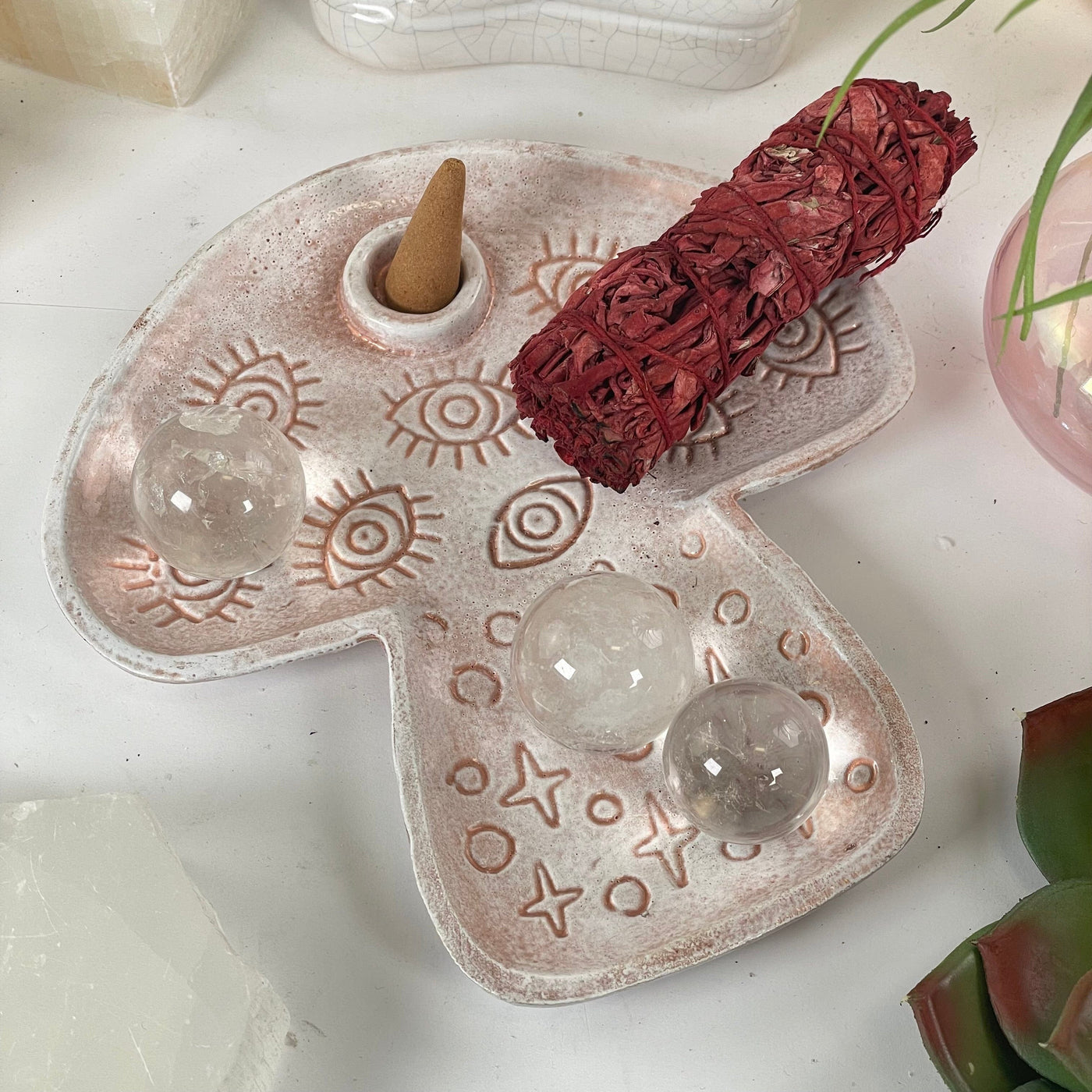 Evil Eye Protection Mushroom Tray with Cone Incense Holder on display
