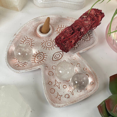 Evil Eye Protection Mushroom Tray with Cone Incense Holder on display