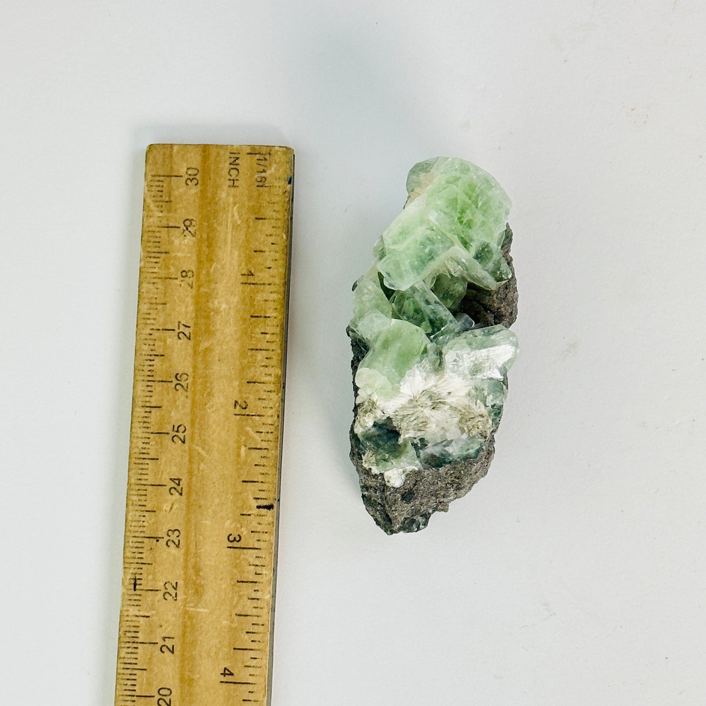 green apophyllite on matrix cluster next to a ruler for size reference