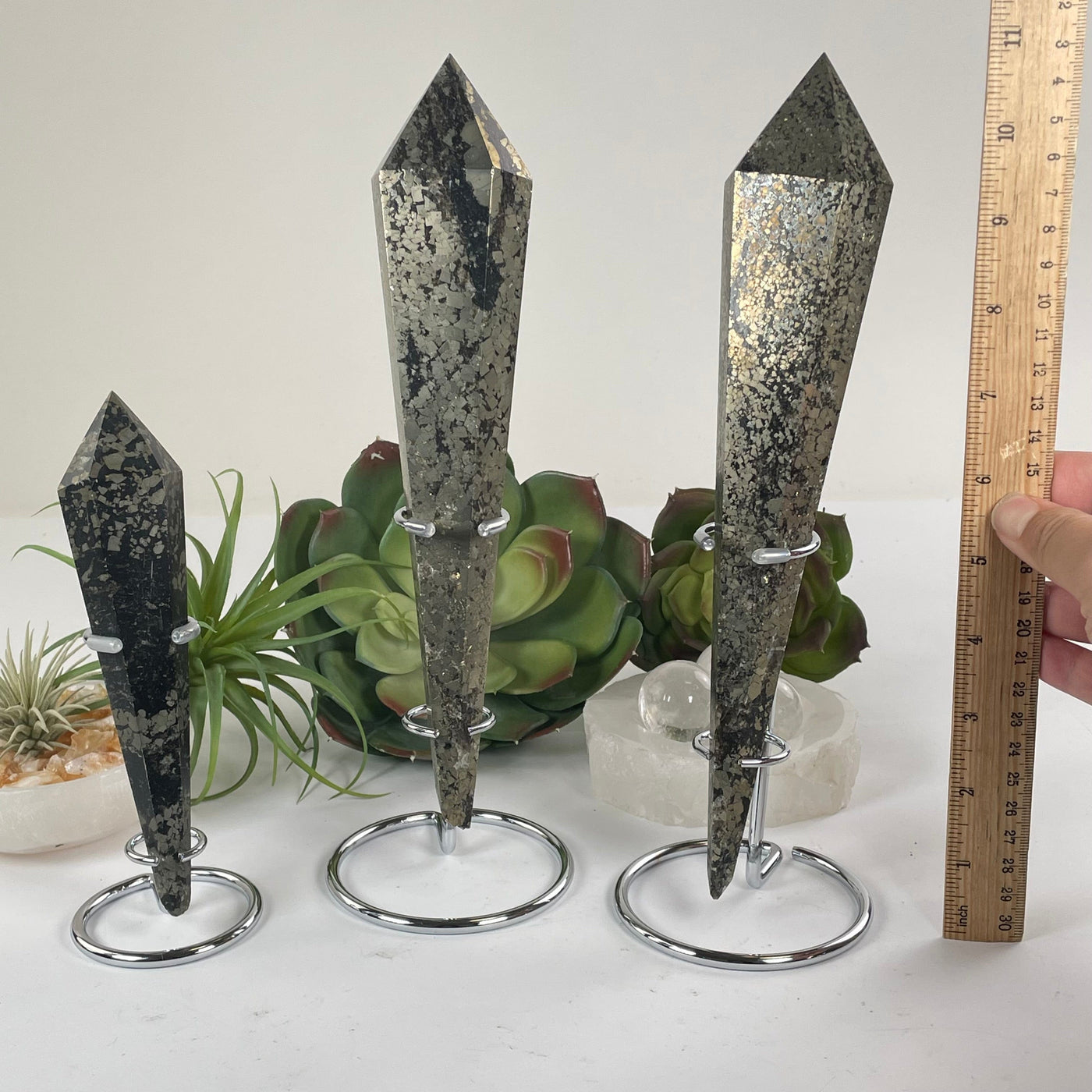 Pyrite Crystal Wand on Stand - You Choose all three variants with ruler for size reference
