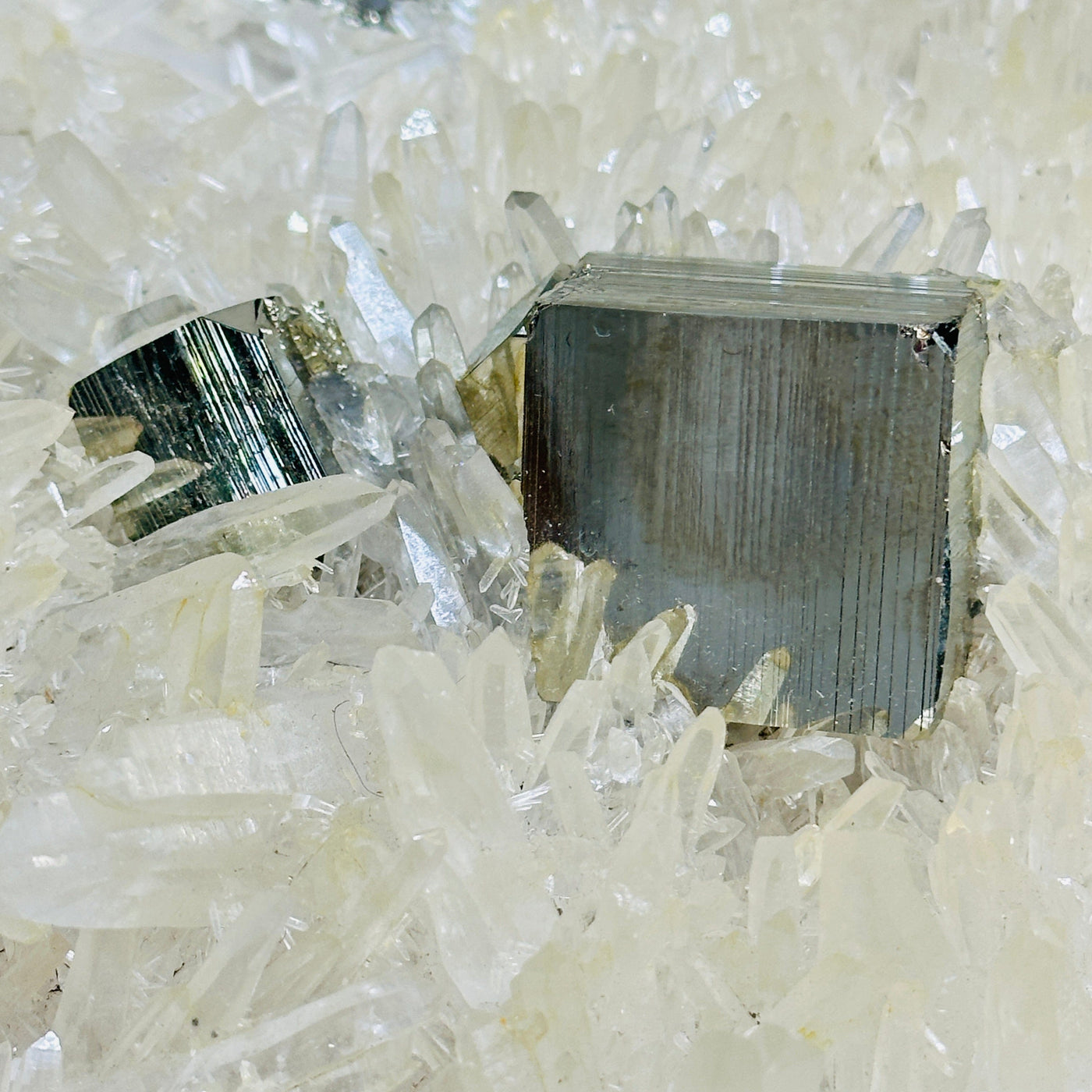 Cubic Pyrite on High Grade Crystal Quartz Cluster - Rare Find closeup for detail