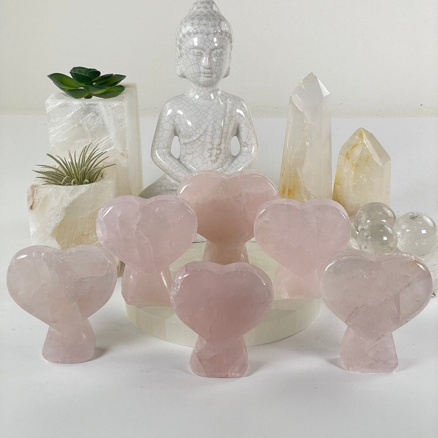 Rose Quartz Crystal Heart on Stand - You Choose all variants front view with props and plants in the background