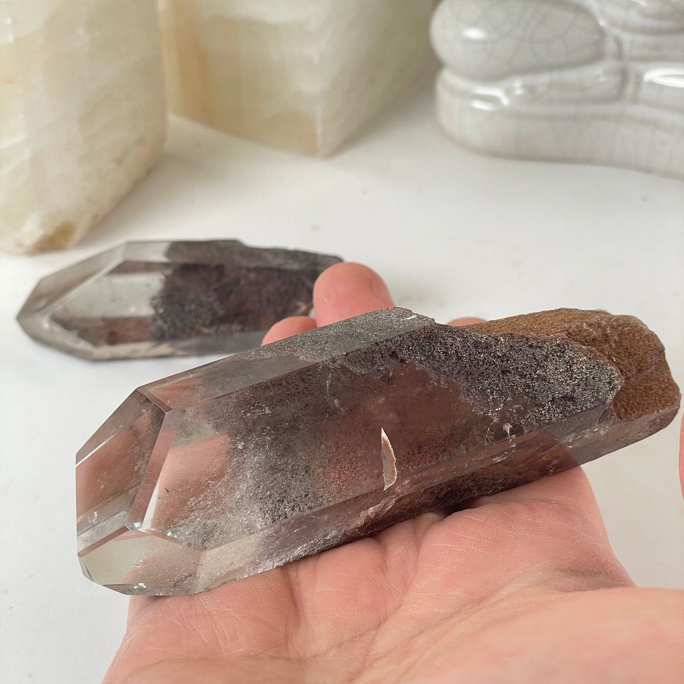 Garden Quartz Lodalite Polished Crystal Prisms with 1 in a hand for size reference