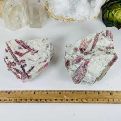 Pink Tourmaline Crystals on Aquamarine Matrix - You Choose #4 both variants with ruler for size reference