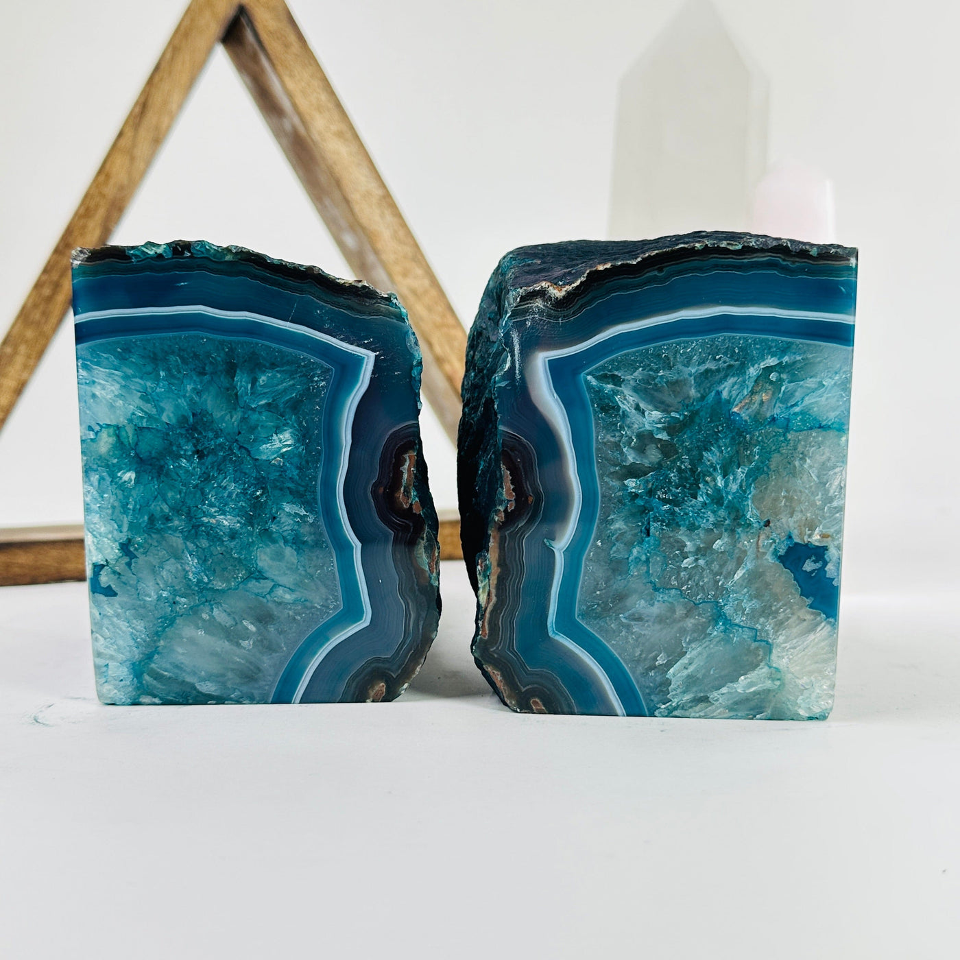 agate bookends with decorations in the background