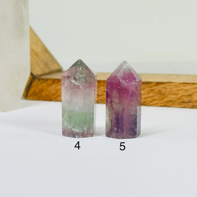 fluorite points with decorations in the background