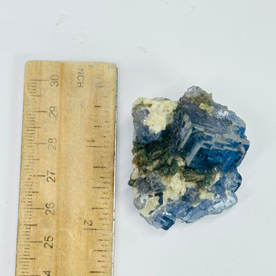 blue fluorite next to a ruler for size reference