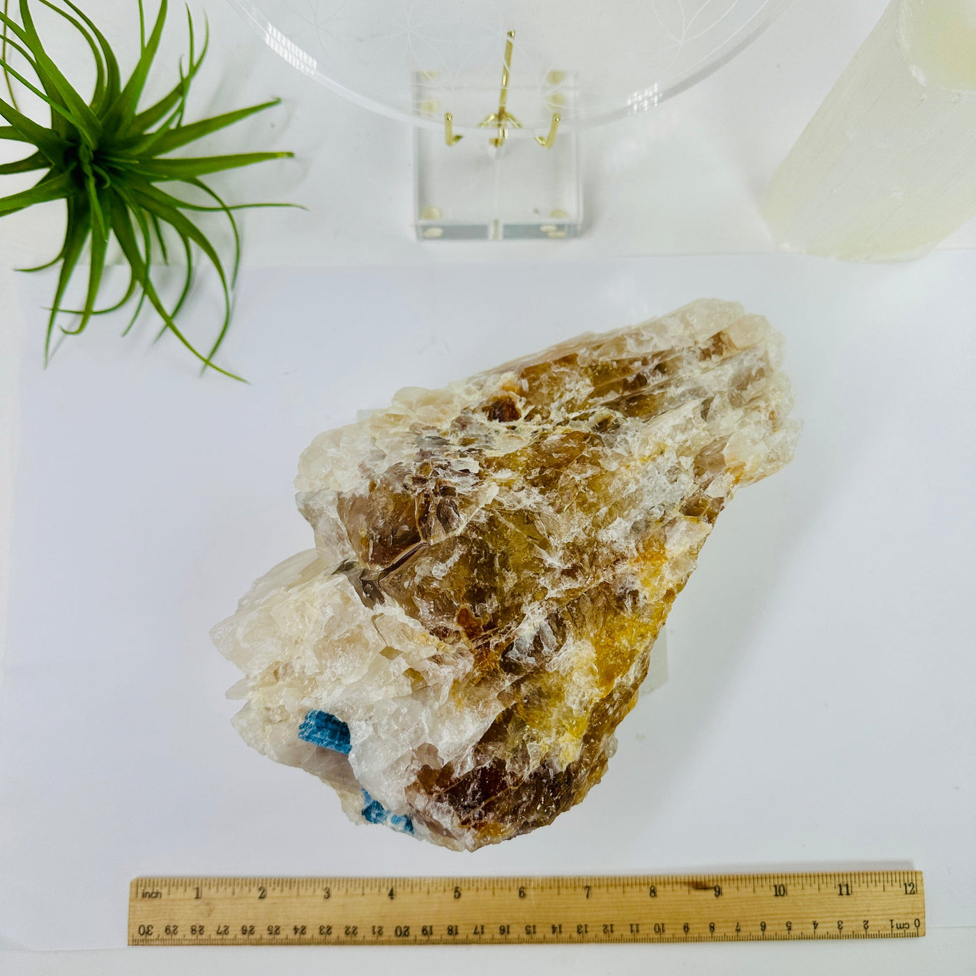 Aquamarine in matrix - aquamarine crystal embedded in large natural rough stone top view with ruler for size reference