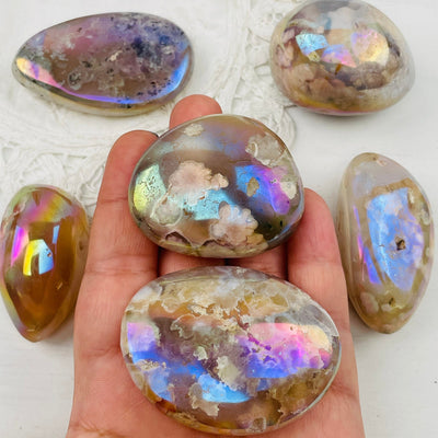 Flower Agate Palm Stones Palm Stones with Aura Finish - By Weight