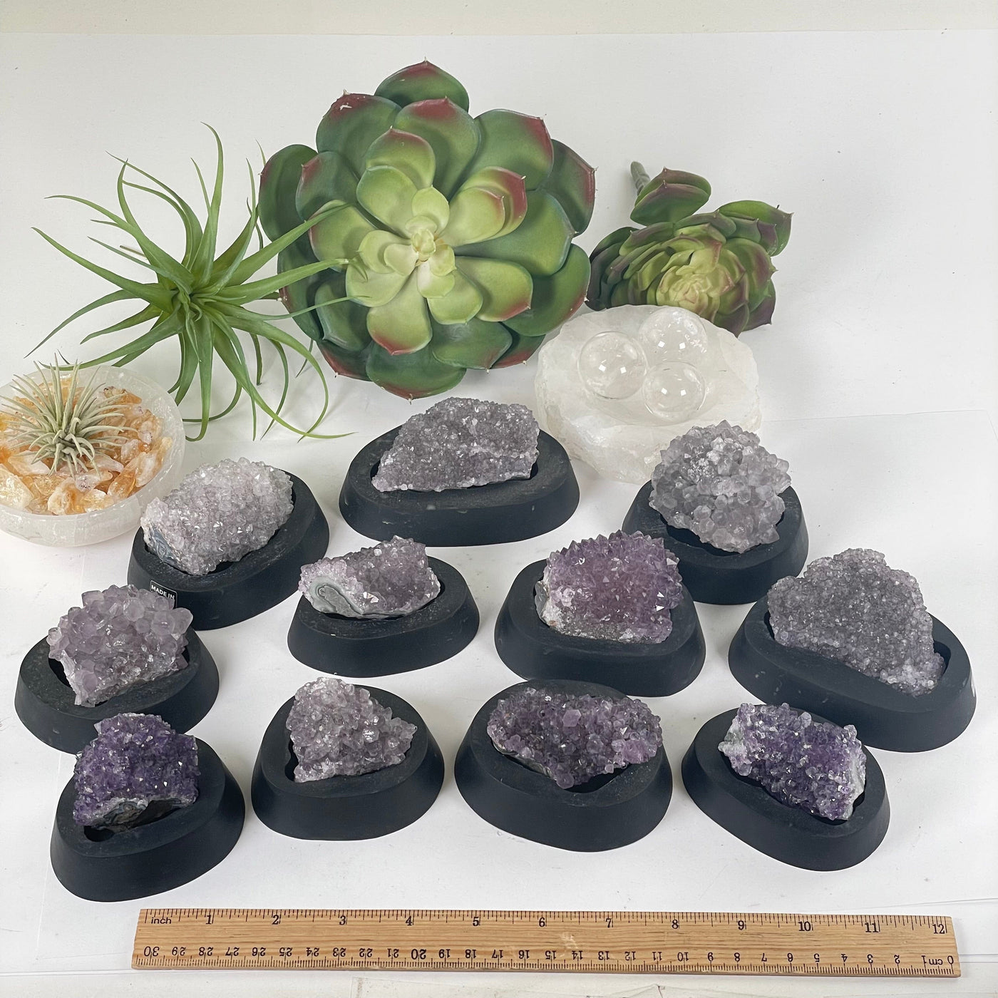 Amethyst Pine Crystal Cluster on Wooden Base from Uruguay - You Choose #4 all variants with ruler for size reference
