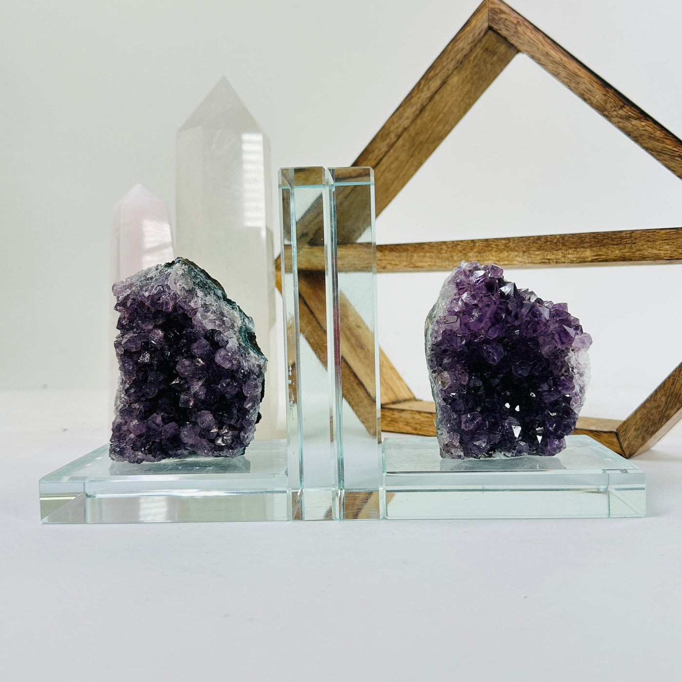 amethyst bookends with decorations in the background