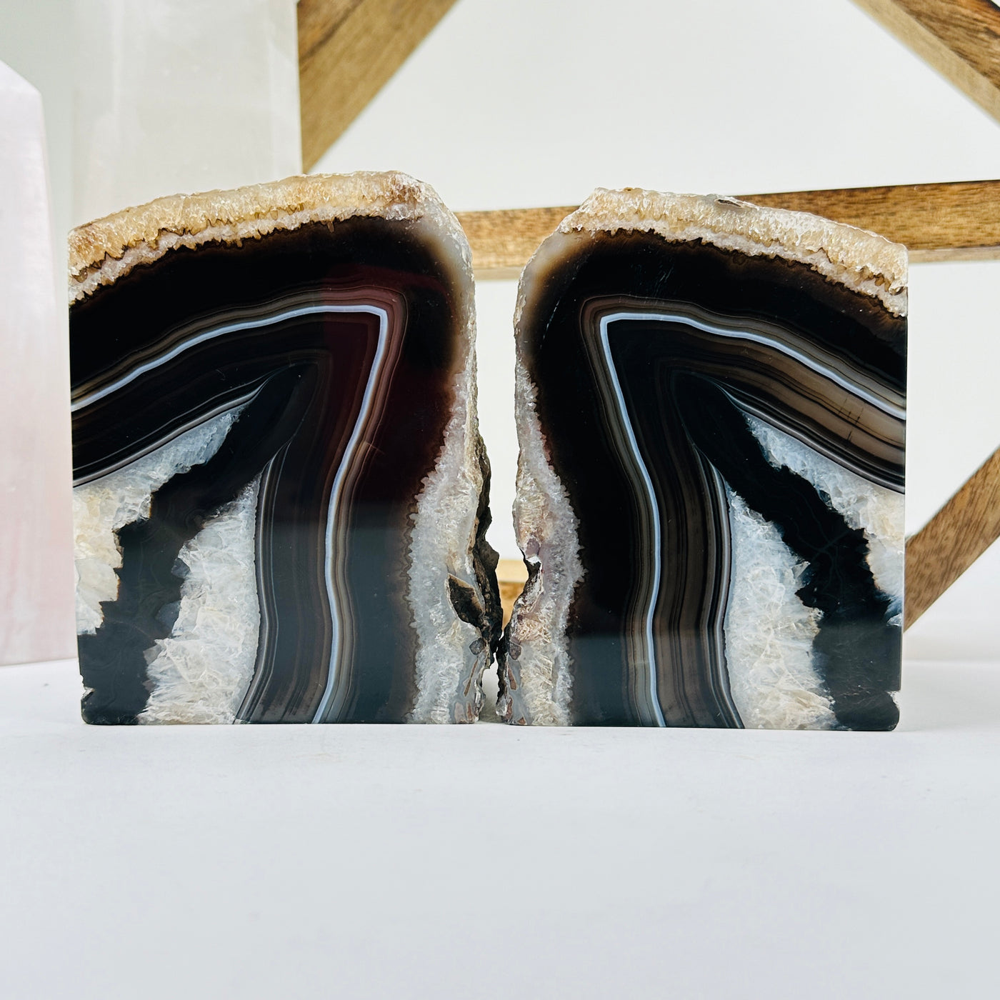 agate bookend with decorations in the background