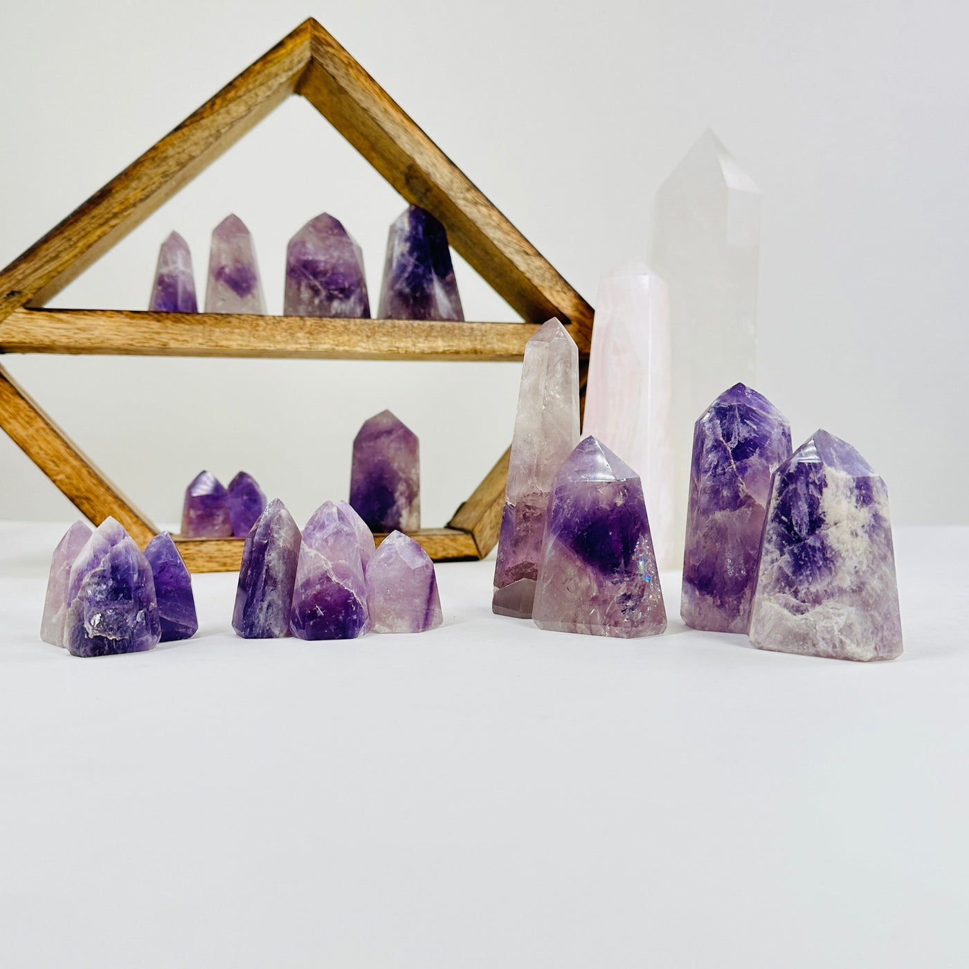 amethyst polished points with decorations in the background
