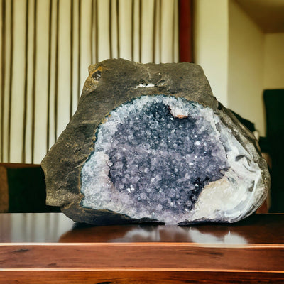  Amethyst Crystal on Matrix - You Choose - Variant D pictured on wooden desk in an office