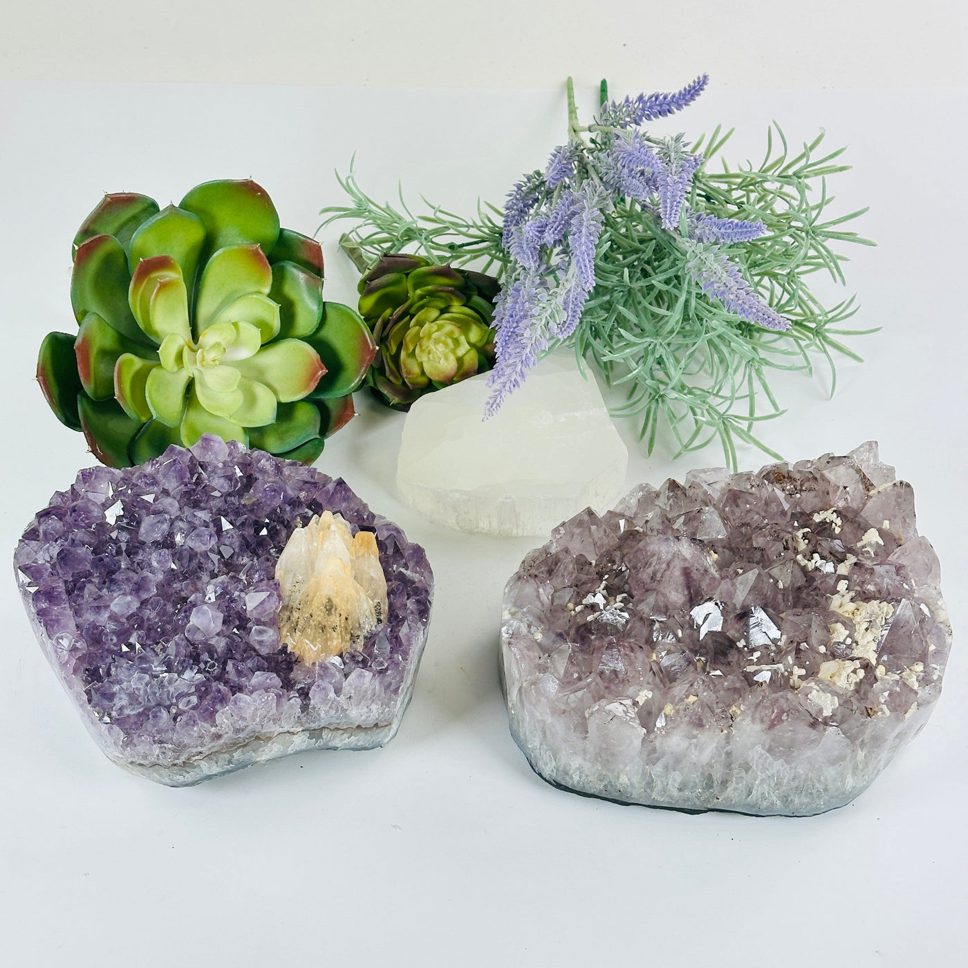 Amethyst Large Crystal Cluster with Calcite and Polished Sides - You Choose #1 both variants with props and plants in the background