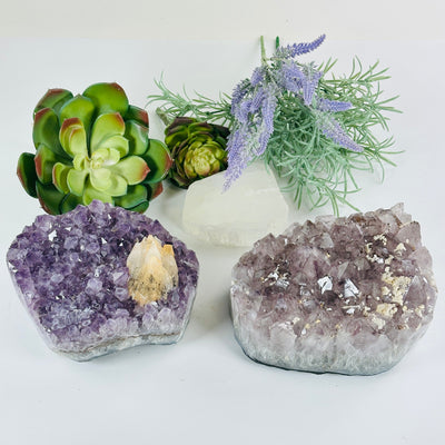 Amethyst Large Crystal Cluster with Calcite and Polished Sides - You Choose #1 both variants with props and plants in the background