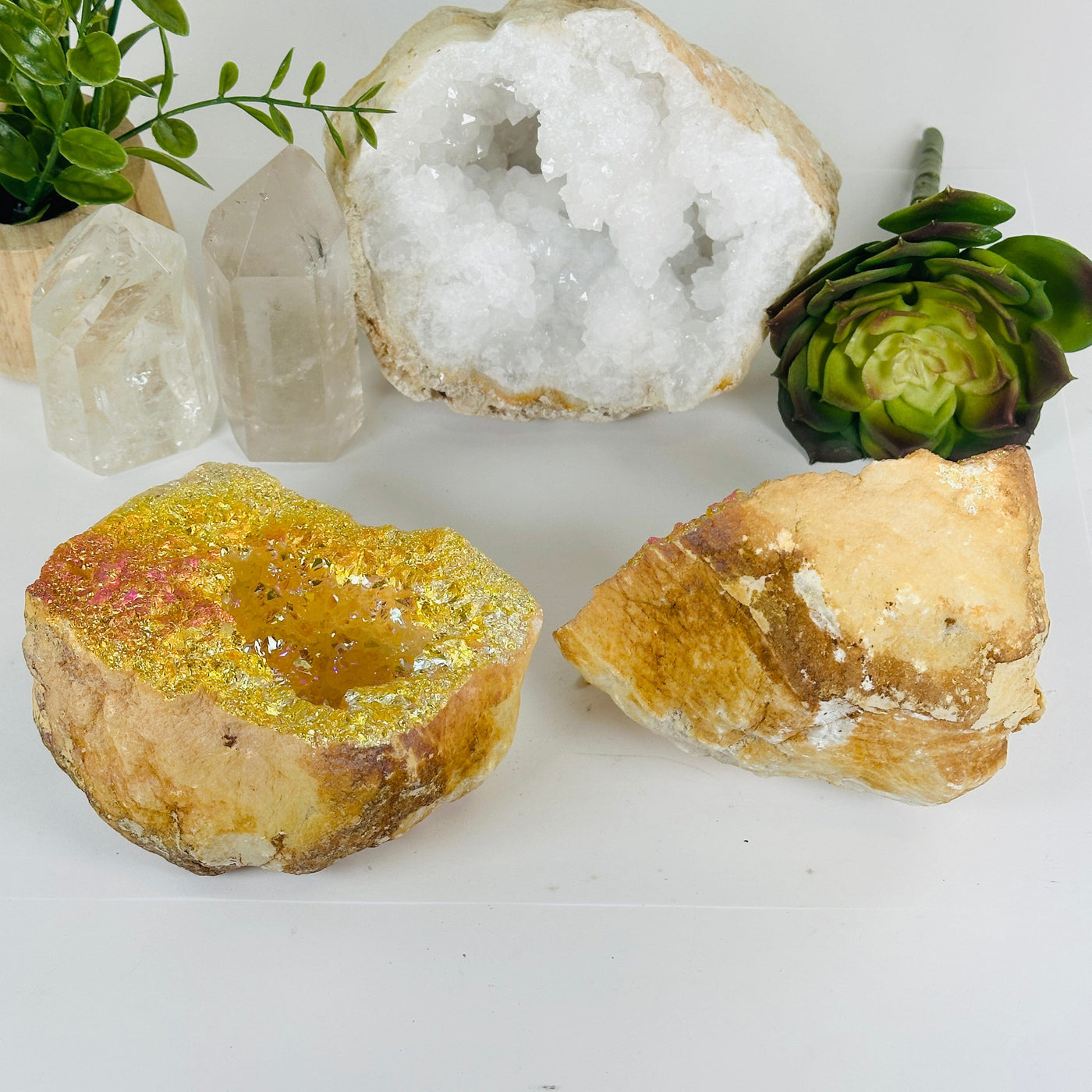 Sunshine Aura Quartz Crystal Geode Pair back view