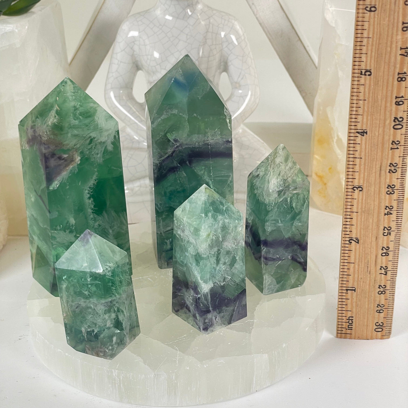 Rainbow Feathered Fluorite Crystal Point - You Choose all variants with ruler for size reference