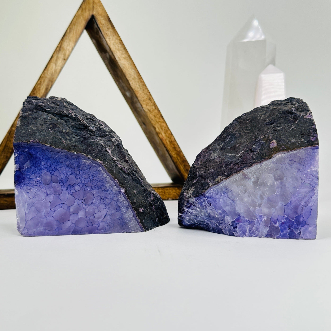 purple agate bookends with decorations in the background