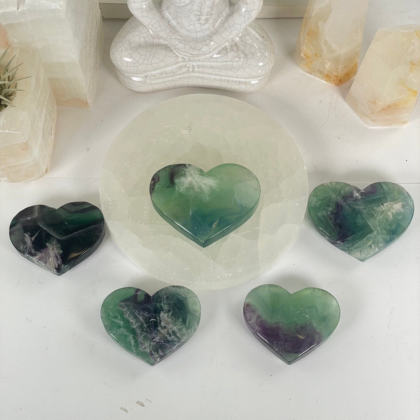 Rainbow Feathered Fluorite Crystal Heart - You Choose all five variants top front view