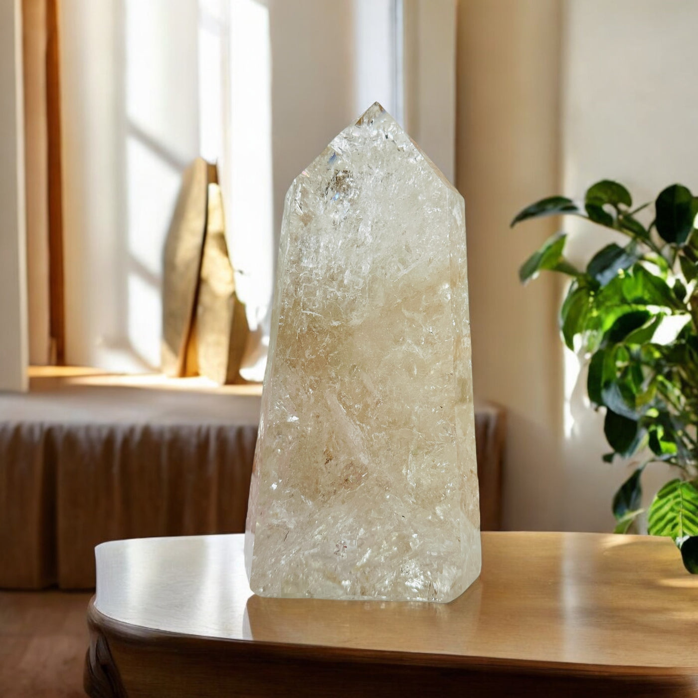 crystal quartz point with decorations in the background