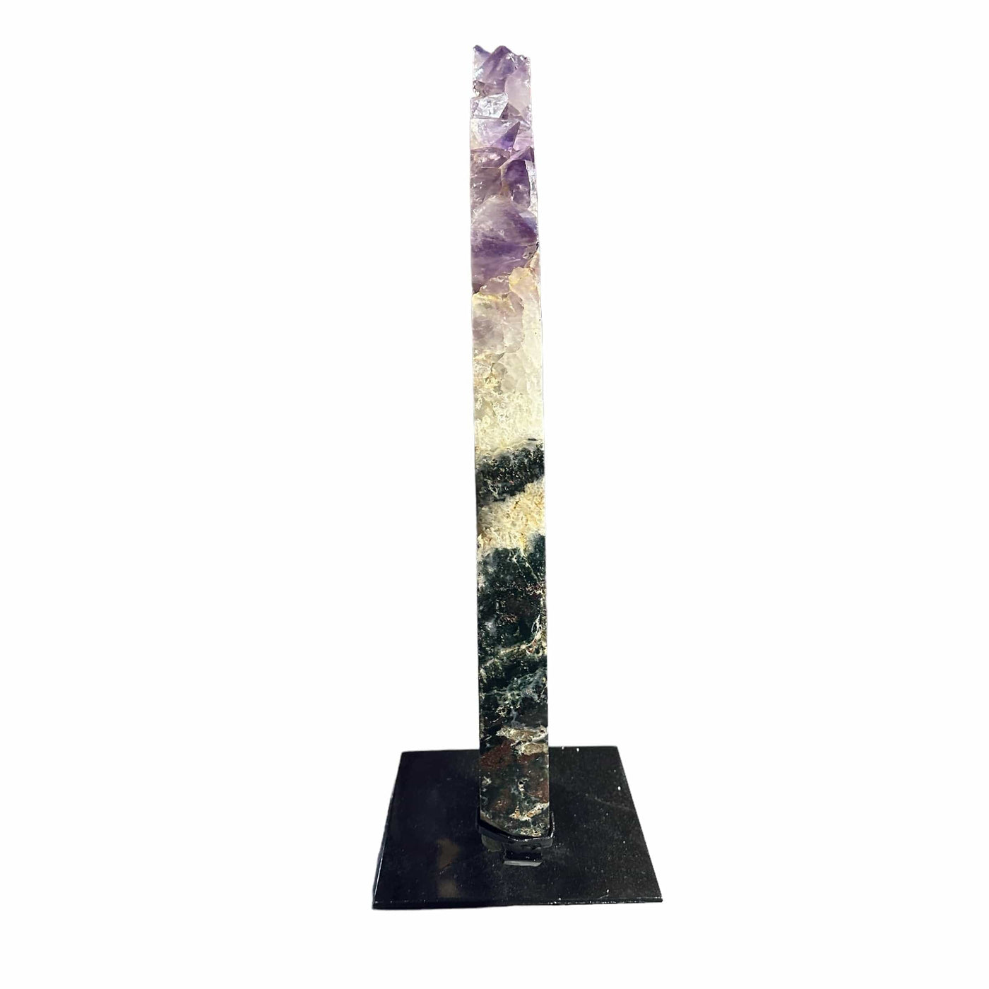 amethyst with jasper on metal stand on white background