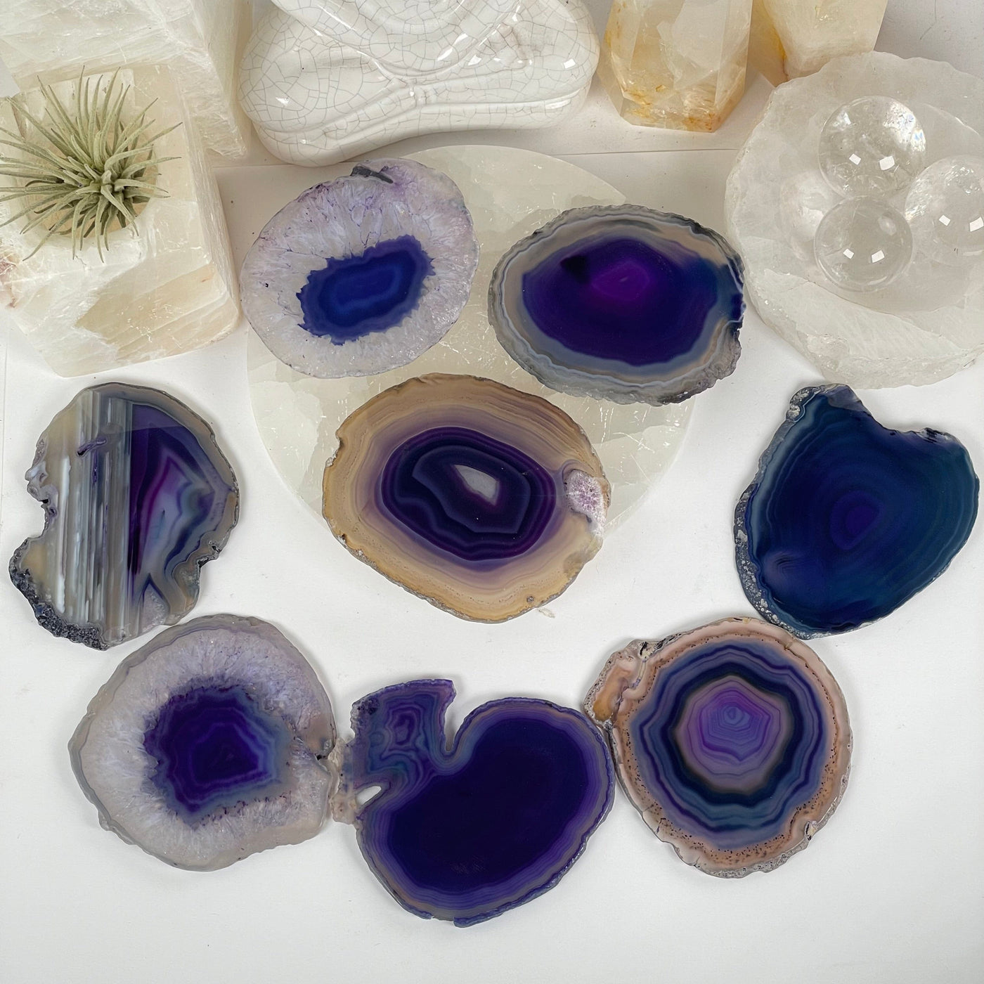 Purple Agate Slice Coasters Set - Set of 8 Small Coasters all coasters top view