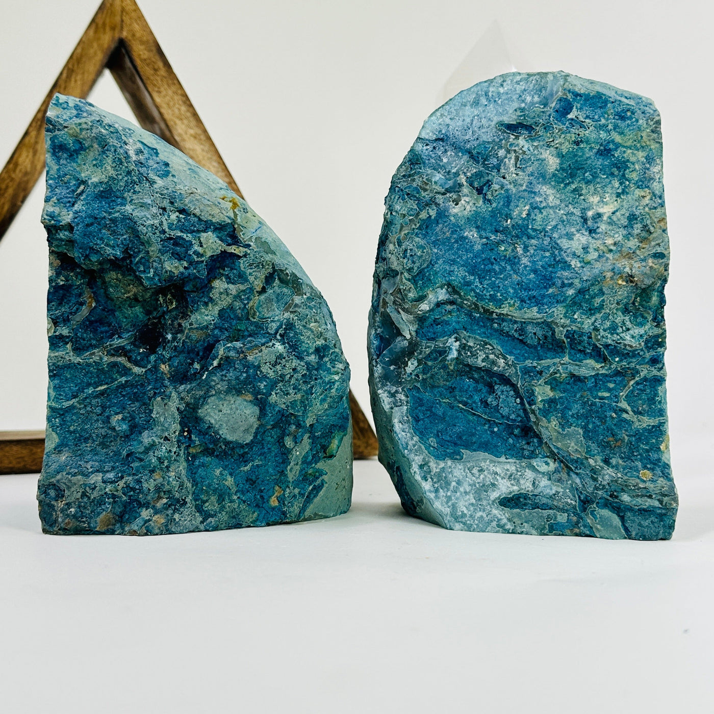 blue agate bookends with decorations in the background