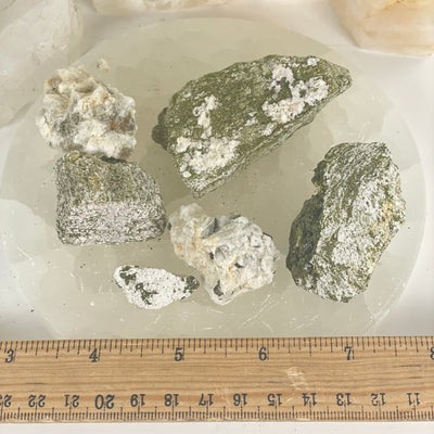 Epidote Small Crystal Clusters on Matrix - You Get All all rocks with ruler for size reference