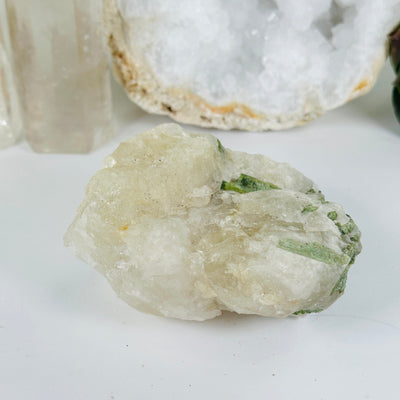 Green Tourmaline Rough Crystal on Quartz Matrix - One-of-a-Kind side view