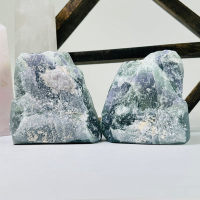 fluorite bookends with decorations in the background