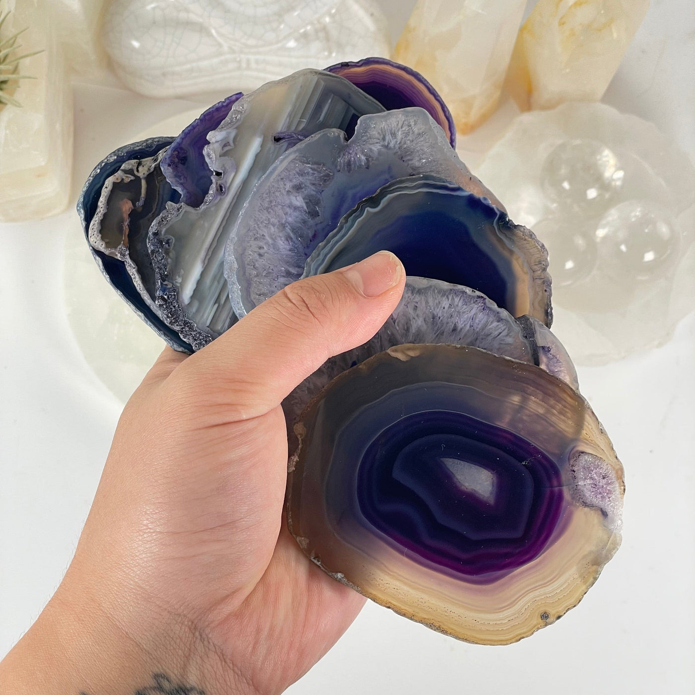 Purple Agate Slice Coasters Set - Set of 8 Small Coasters all 8 in hand for size reference