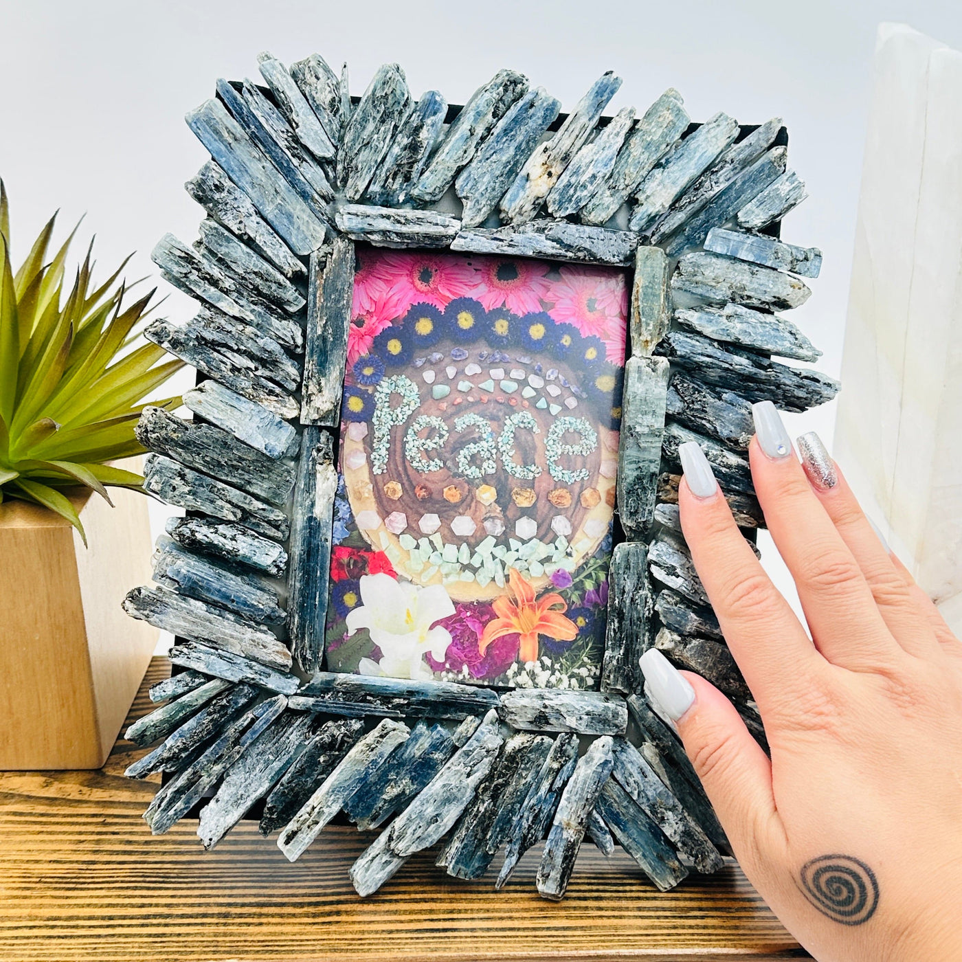 Blue Kyanite Crystal Picture Frame - One-of-a-Kind with hand for size reference