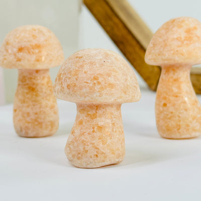 peach calcite mushroom with decorations in  the background